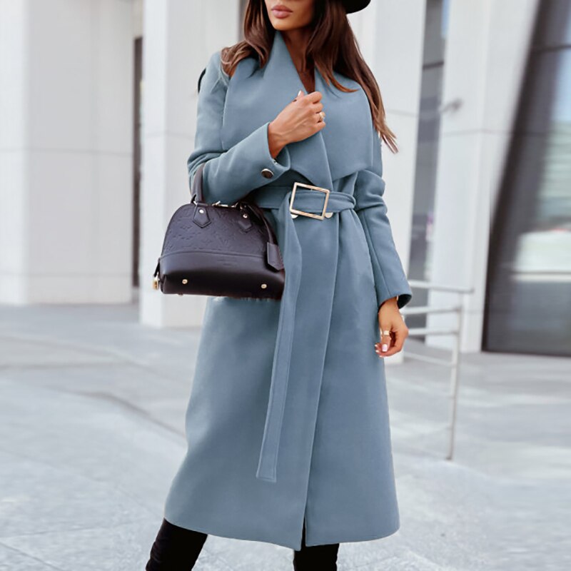 Street-wave Elegant Long Belted Coat For Women, Chic Trench Style With Slim Belt, Tailored Fall Wardrobe Essential