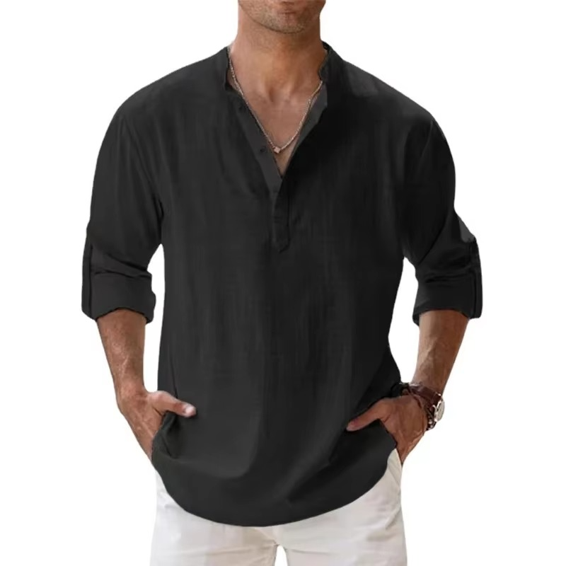 Street-Wave Lightweight Cotton Linen Henley Shirt For Men Long Sleeve Beachwear Casual Summer Essential