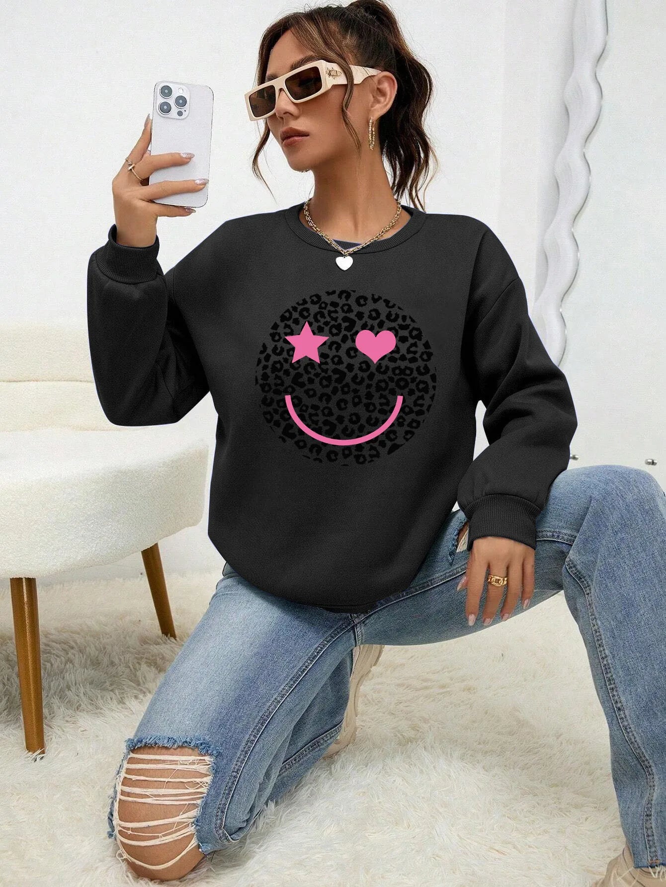 Street-wave Leopard Print Sweatshirt For Women Cotton Blend Comfortable Trendy Everyday Wear