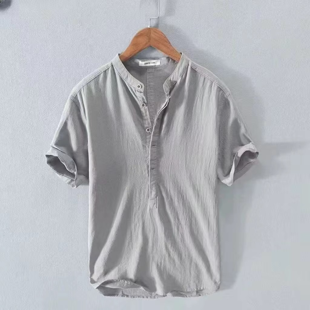 Men's Cotton Linen Short Sleeve Shirt Solid Color Casual Summer Beachwear Breathable Lightweight