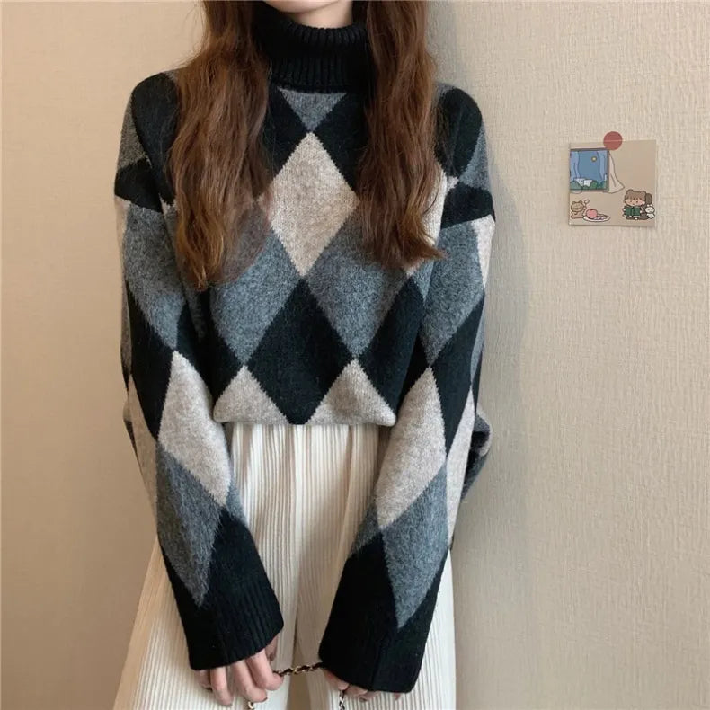 Street-wave Women's Cozy Argyle Knit Pullover Sweater for Autumn Winter Warmth and Comfort