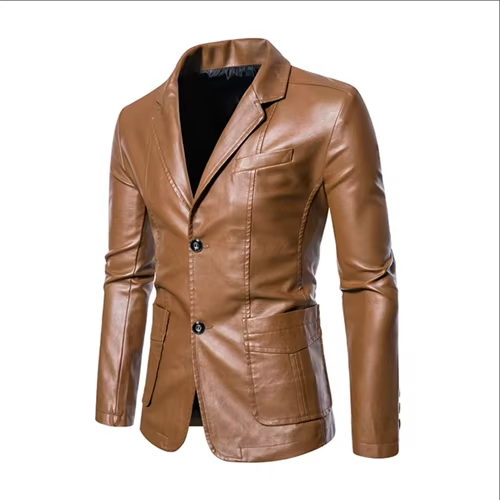Street-Wave Men's Business Casual Leather Jacket With Suit Collar Slim Fit In Black Or Khaki, Sizes Up To 5XL