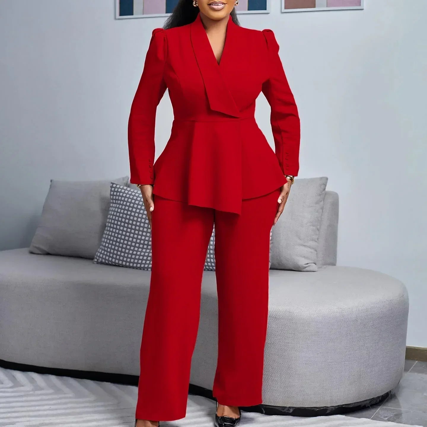 Street Wave Formal Suit Set Women Tailored Peplum Blazer