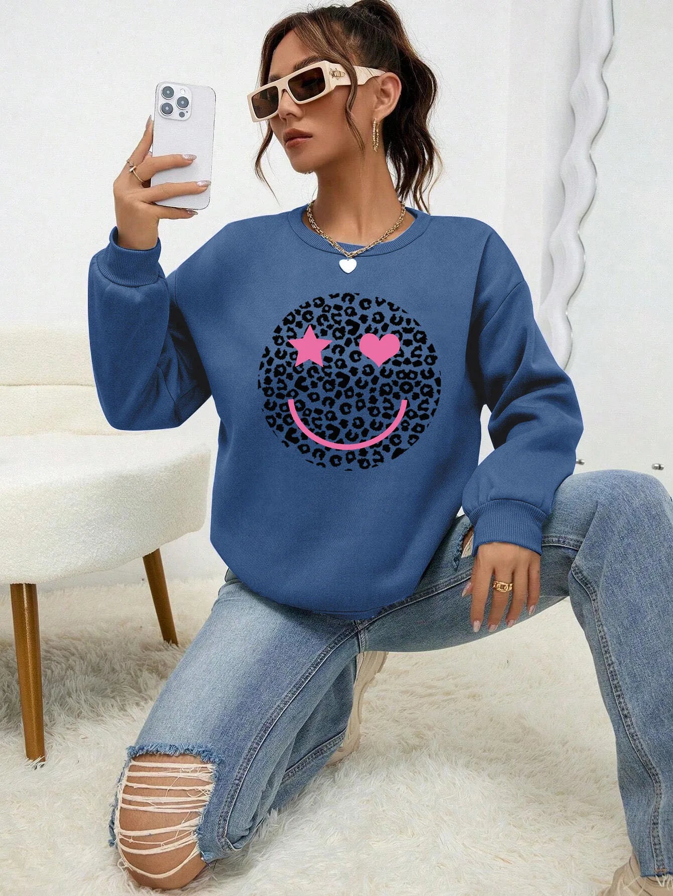 Street-wave Leopard Print Sweatshirt For Women Cotton Blend Comfortable Trendy Everyday Wear