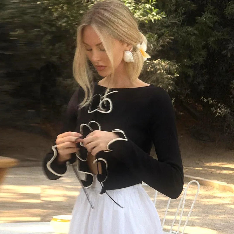 Street-Wave Lace Up Front Cardigan For Women Chic Cropped Black Top With Edgy Details