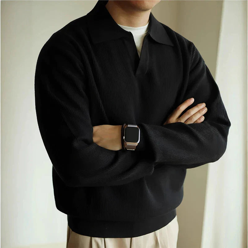 Levan Knit Polo Shirt for Men Open V Collar Lightweight Breathable Street-Wave Fine Gauge Knit Top