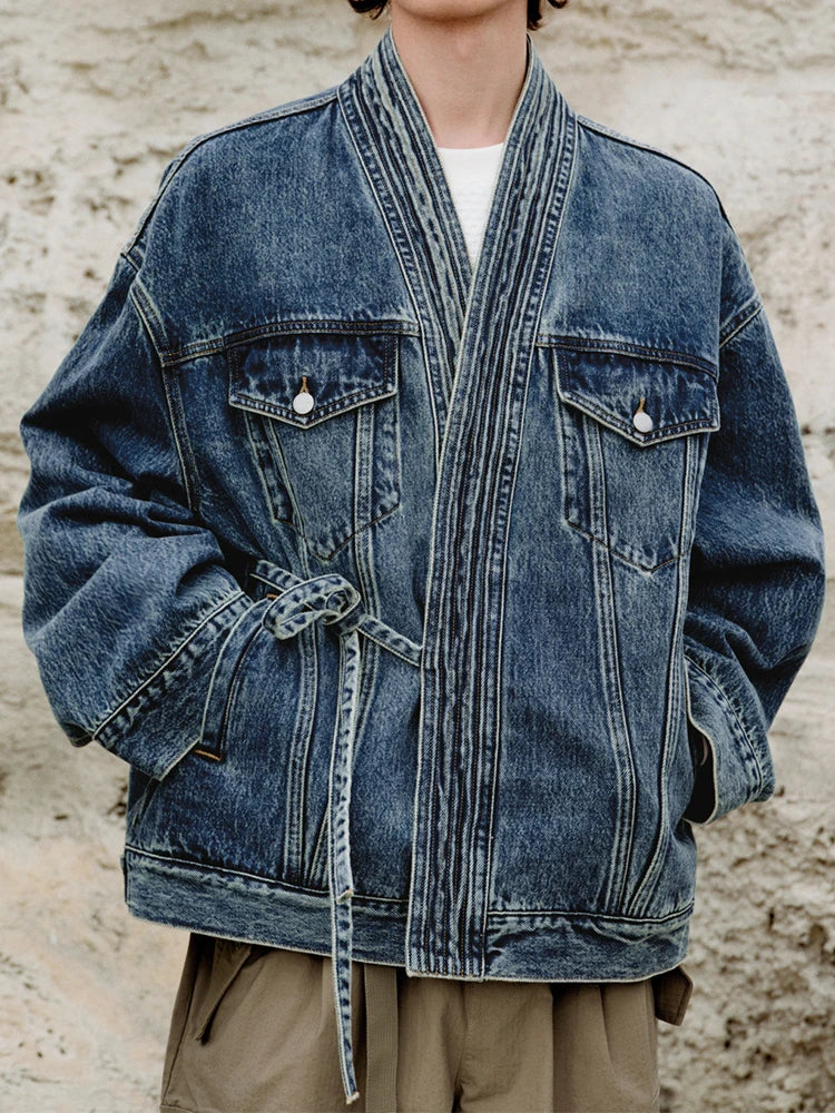 Bravadao Heavyweight Washed Denim Jacket With Wrap Front And Lace Up Waist For Men Street-Wave