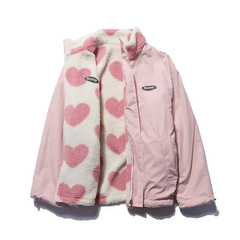 Street-wave Reversible Jacket With Heart Print For Women Two-Way Styling Cozy Warmth