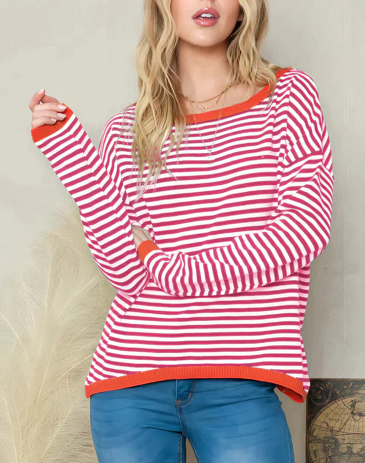 Street Wave Striped Sweater for Women Effortless Casual Chic Knit with Orange Trim