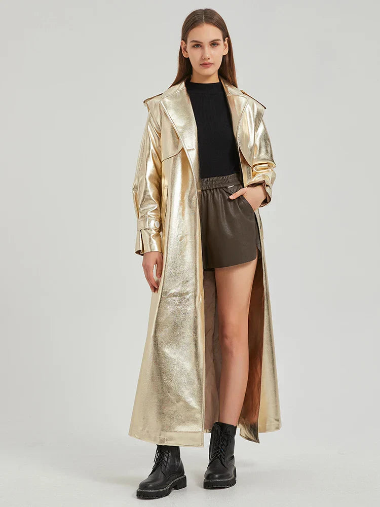 Street-Wave Kinda Love Metallic Faux Leather Trench Coat For Women With Reversible Collar And Full Length Comfort