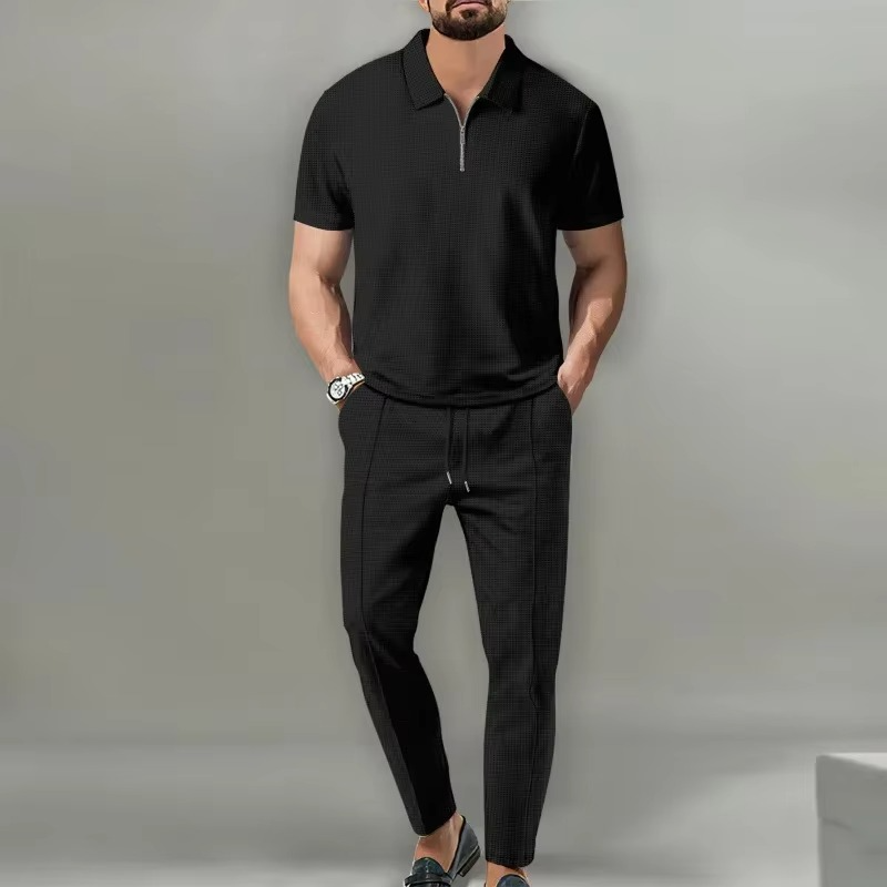 Mens 2 Piece Solid Color Waffle Collar Short Sleeve Zip Polo And Drawstring Pants Set