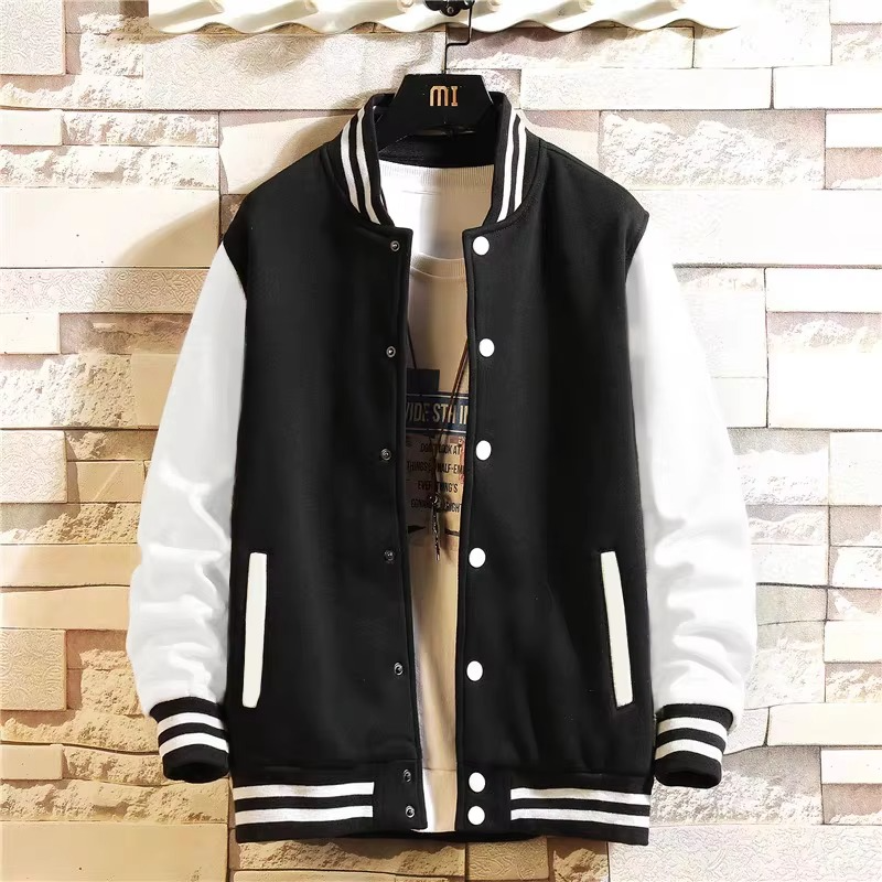 Unisex Oversized Fleece Baseball Jacket Black Gray White Streetwear For Men And Women Street-Wave