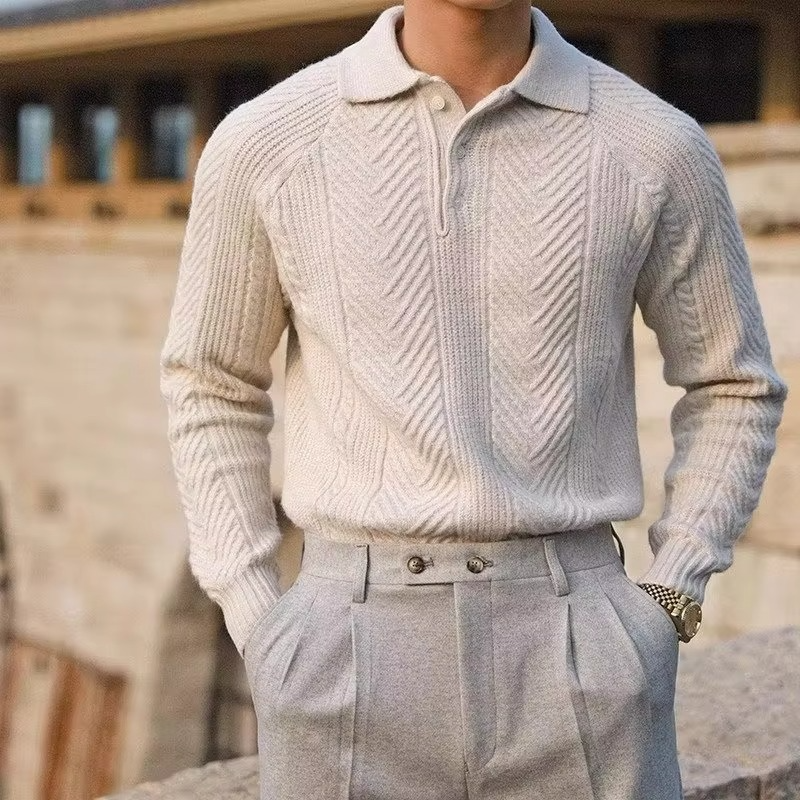 Men's Knitted Polo Sweater With Button Lapel Long Sleeve Vintage Jumper For Fall And Winter