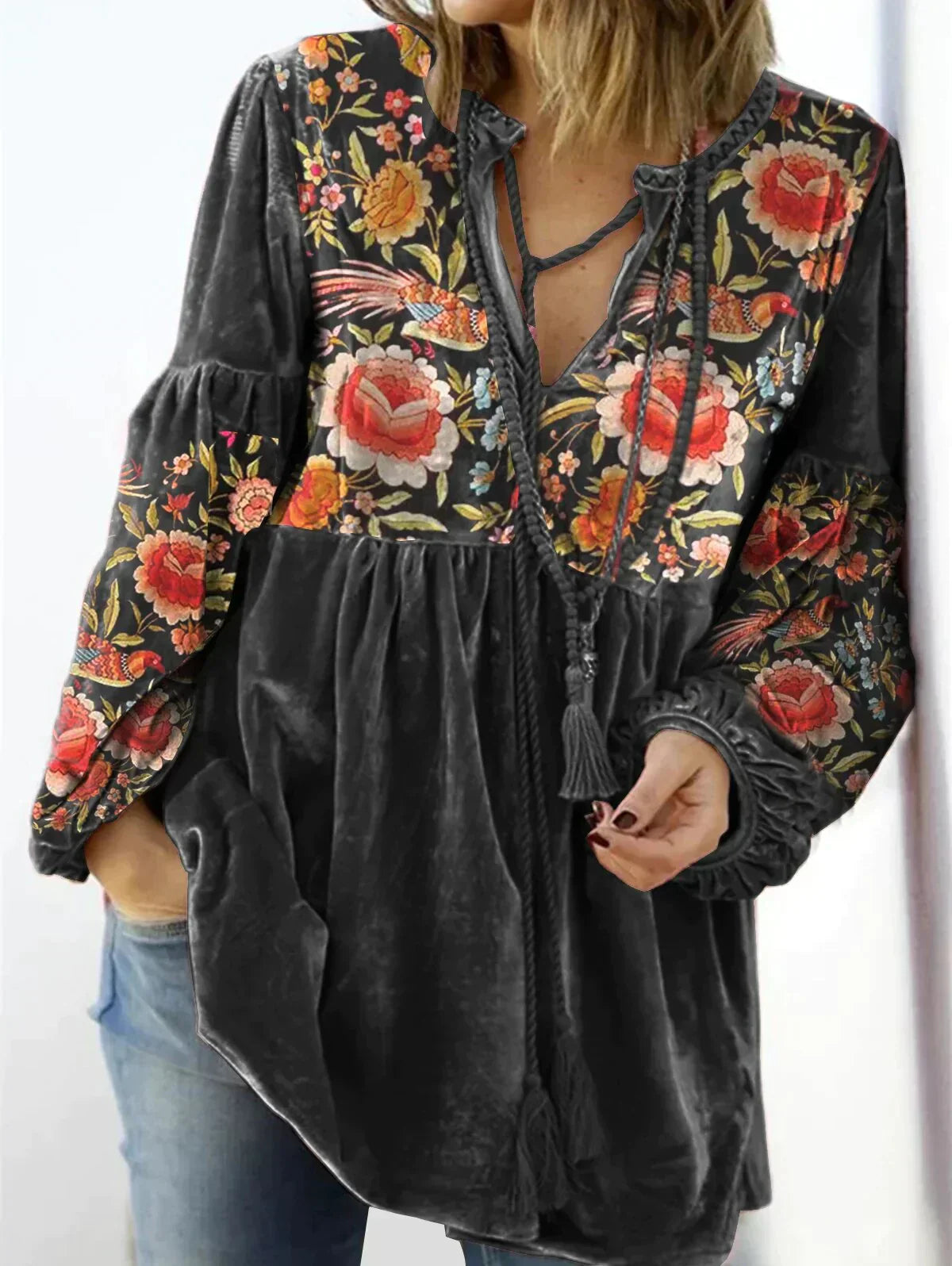 Camilla Vintage Floral Velvet V Neck Pullover For Women Boho Chic Essential Soft Velvet Texture