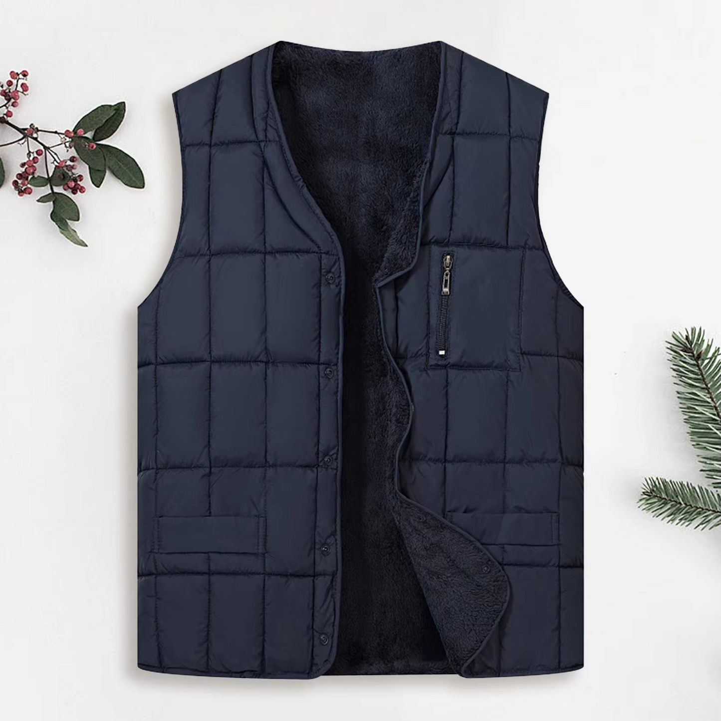 Men's Padded V-Neck Vest With Pockets - Solid Color Warm Waistcoat For Casual Office Wear