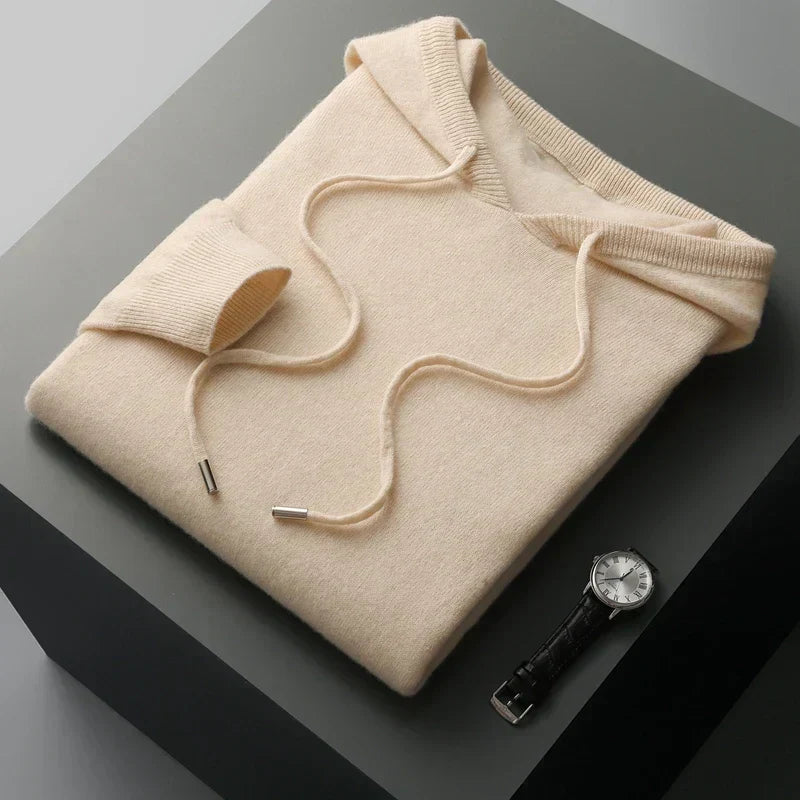 Men's 100 Percent Cashmere Hoodie With Classic Fit Soft Knitted Fabric And Ribbed Cuffs