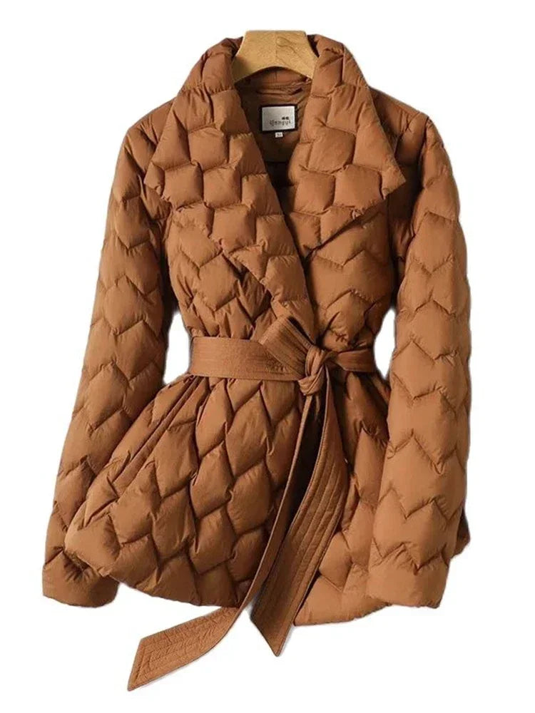 Street Wave Quilted Belted Jacket For Women With Wrap Closure And Diamond Stitch Pattern Warm Polyester