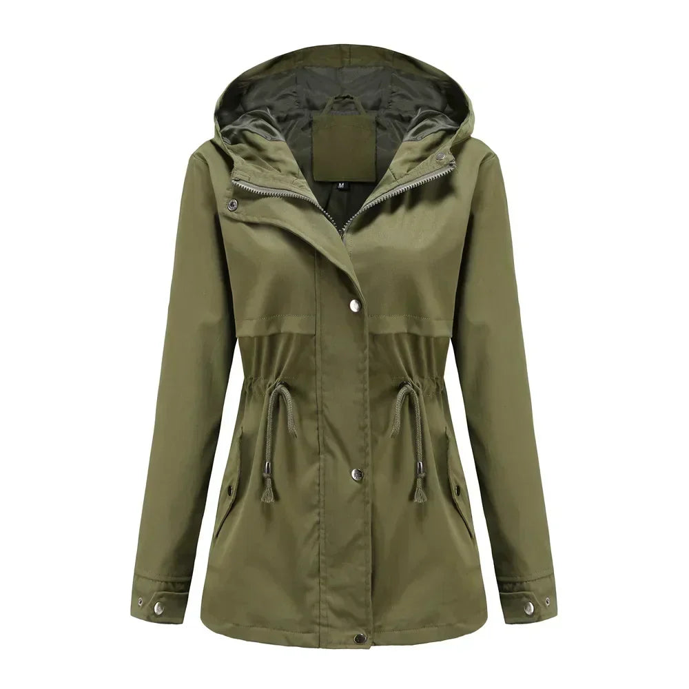 Street-wave Womens Waterproof Hooded Rain Jacket For Urban Commuters With Adjustable Drawstrings And Wind Protection