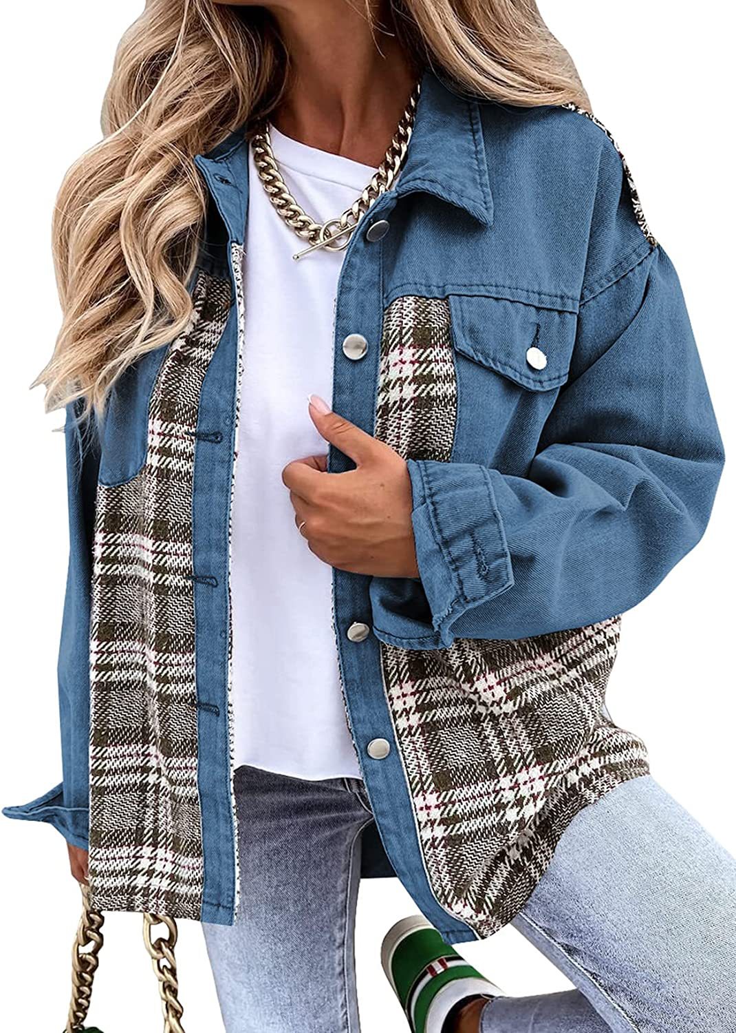 Denim Jacket With Button Front And Plaid Panel Versatile For Women Rosalind By Street Wave