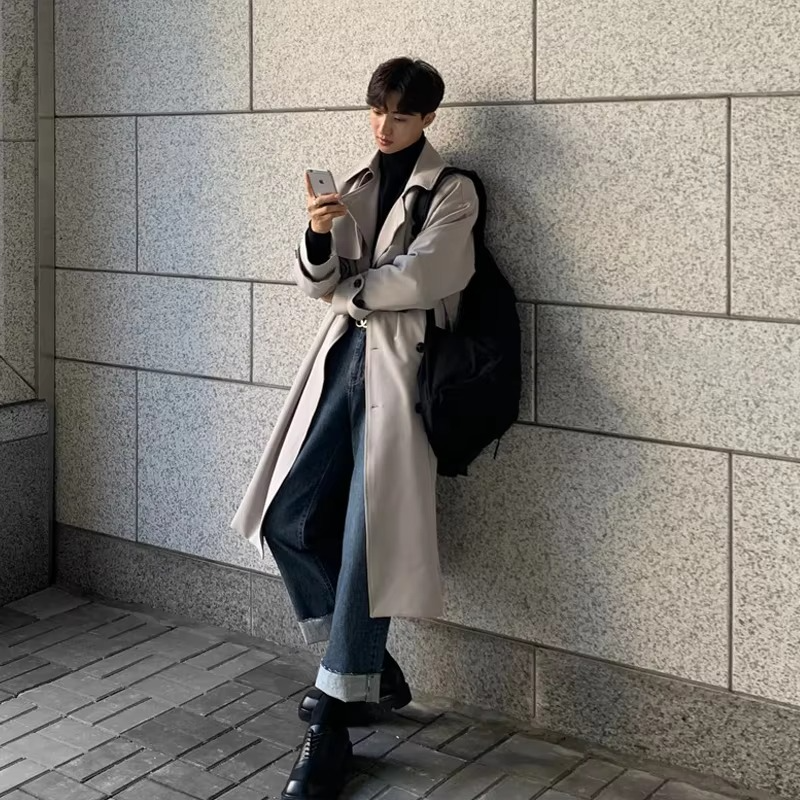 Mens Long Spring Trench Coat Modern Korean Style Windbreaker Overcoat For Everyday Wear Street-Wave