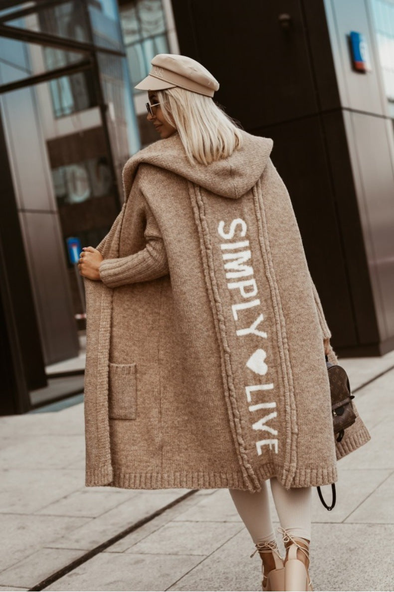 Street-wave Hooded Cardigan for Women Cozy Long Knit Soft Acrylic with Pockets and Elegant Texture