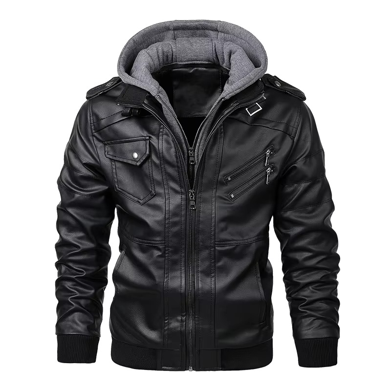 Street-Wave Men's Casual PU Leather Motorcycle Jacket With Hooded Design Autumn Biker Style Coat