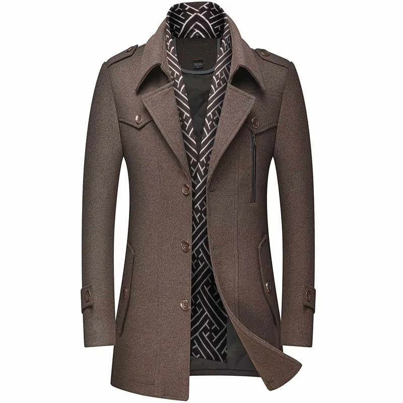 Street-Wave Men's Mid Length Wool Blend Winter Coat With Scarf Collar Padded Warm Overcoat M to 5XL
