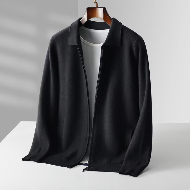 Street-Wave Men's 100 Percent Wool Cardigan Sweater With Classic Knit Lapel Design For Timeless Warmth
