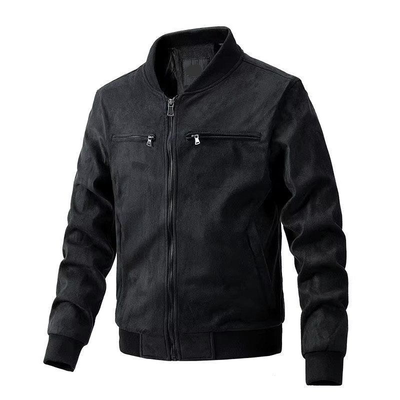 Mens Autumn Winter Suede Jacket With Stand Collar Zipper Front And Lightweight Cotton Lining