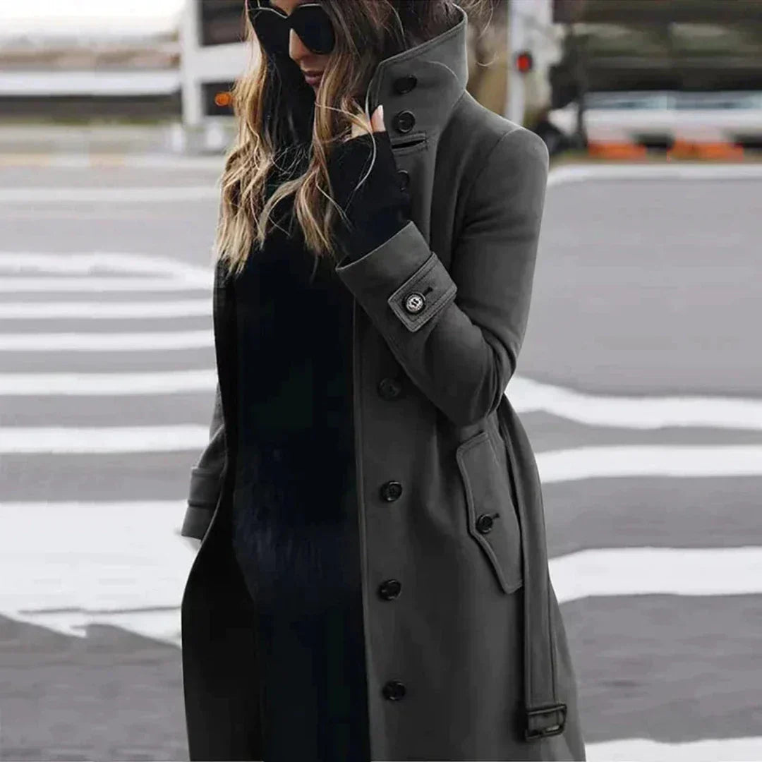 Street-wave Womens Double Breasted Trench Coat With Belt And High Collar Elegant Tailored Look