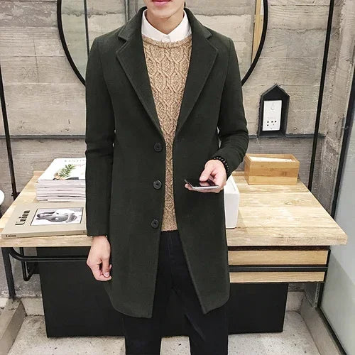 Street-wave Mens Long Wool-Blend Coat With Button Closure, Timeless And Elegant Everyday