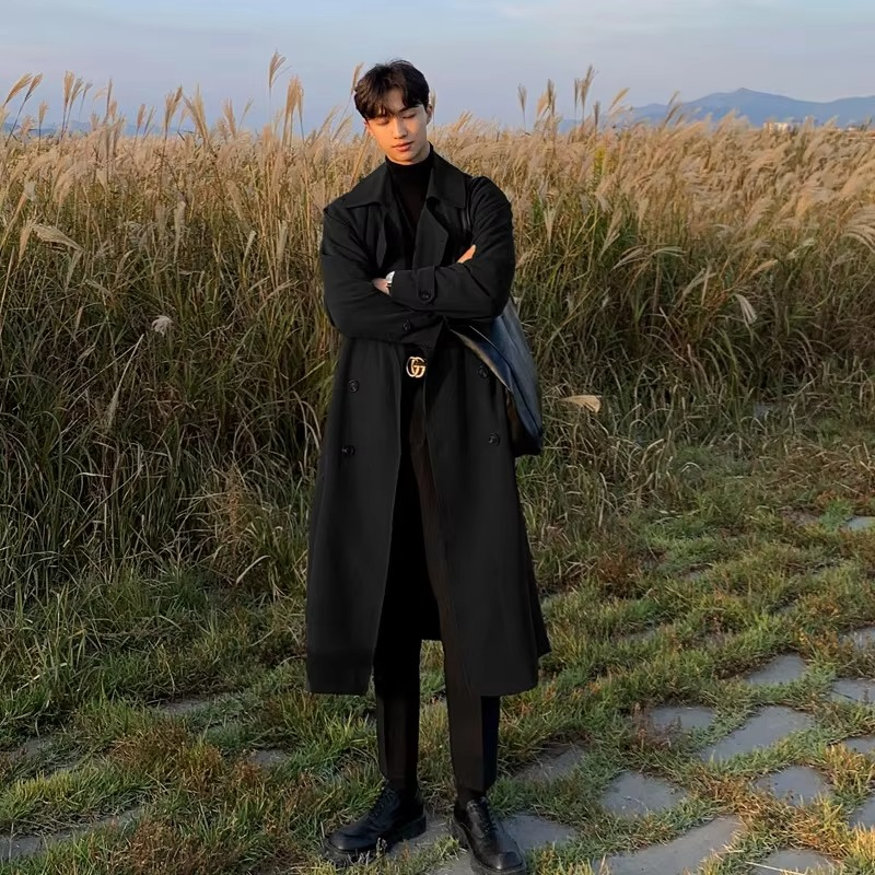 Mens Long Spring Trench Coat Modern Korean Style Windbreaker Overcoat For Everyday Wear Street-Wave