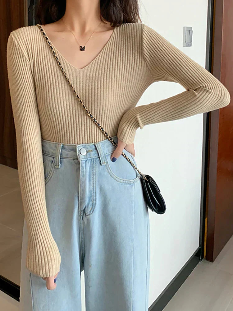 Street Wave Women Ribbed Knit Slim Fit V Neck Pullover Flattering Versatile Autumn Sweater