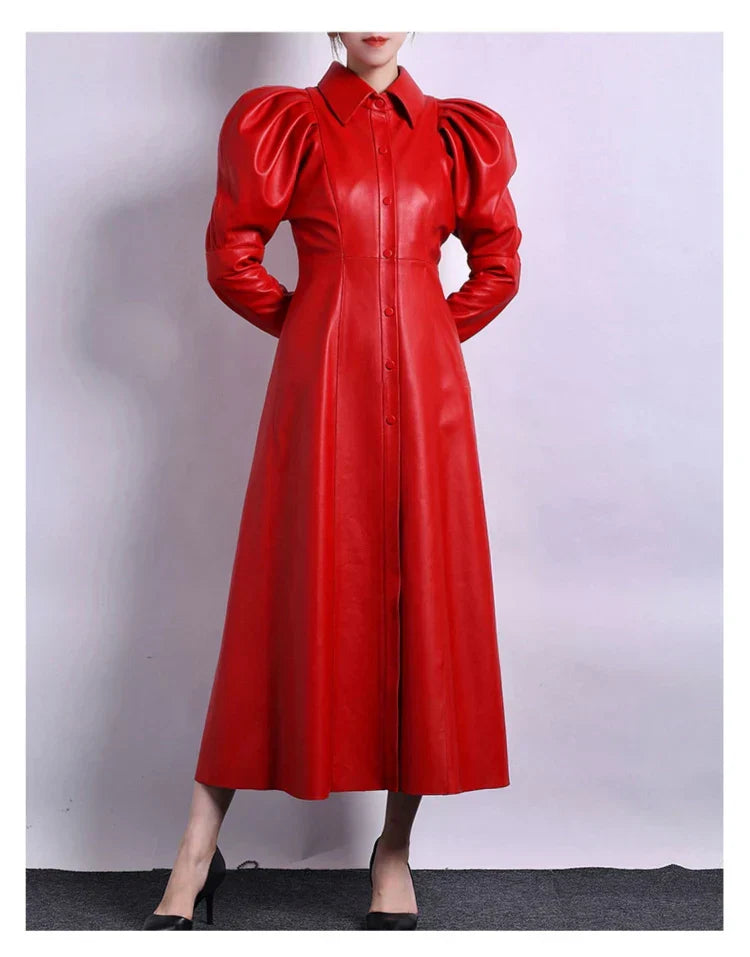 Street-wave PU Leather Coat With Puff Sleeves, Long Maxi Fit, Functional Pockets, For Women