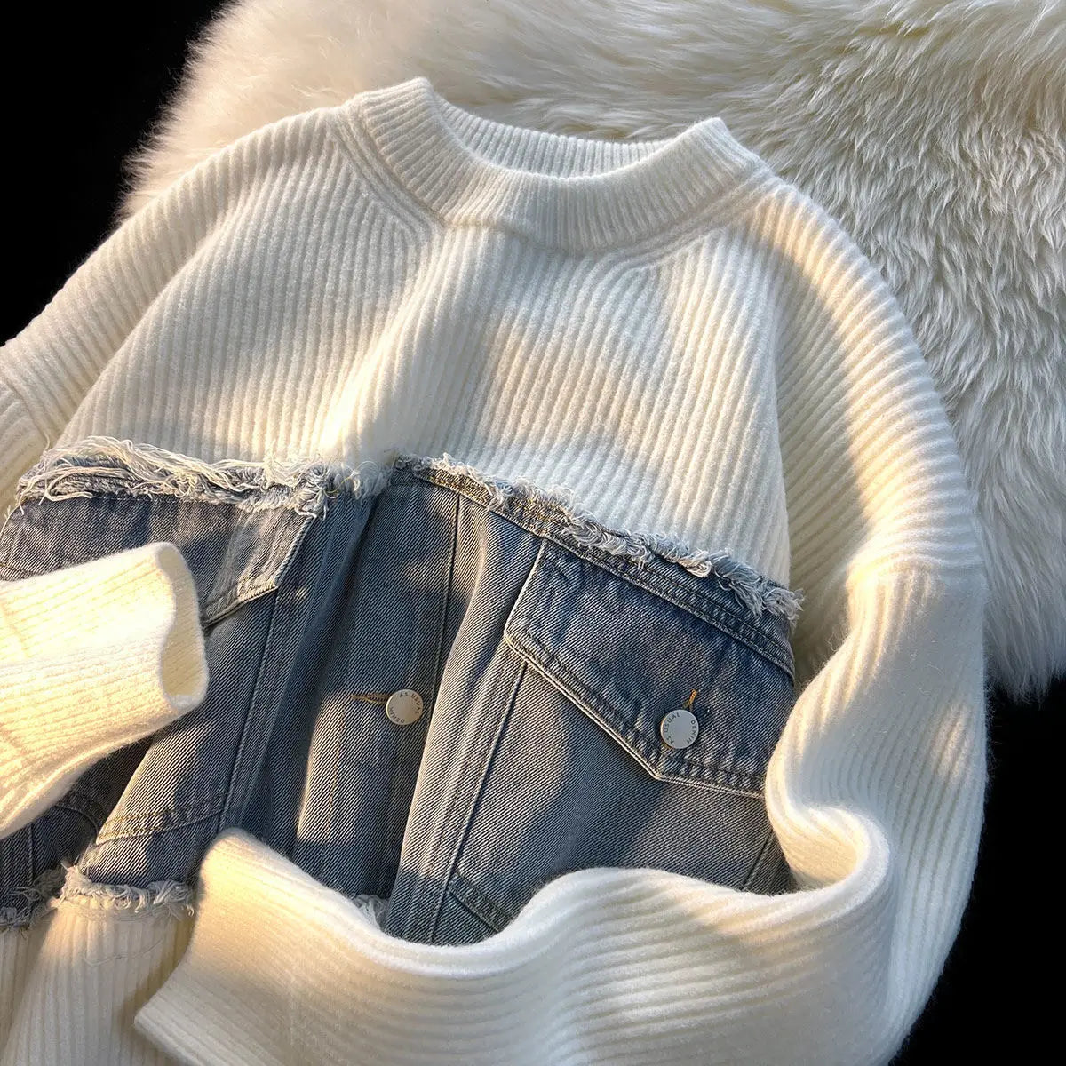 Street-Wave Nora Patchwork Denim Pullover Cozy Warmth For Urban Style Lovers Premium Everyday Comfort