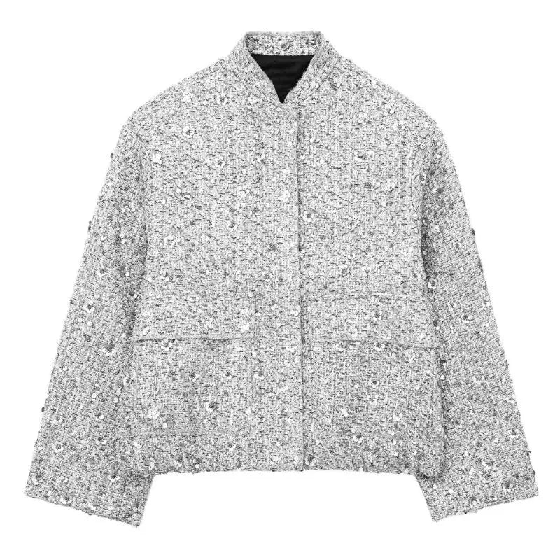 Street-wave Sequin Tweed Jacket For Women Timeless Elegance With Sparkle Detail Texture