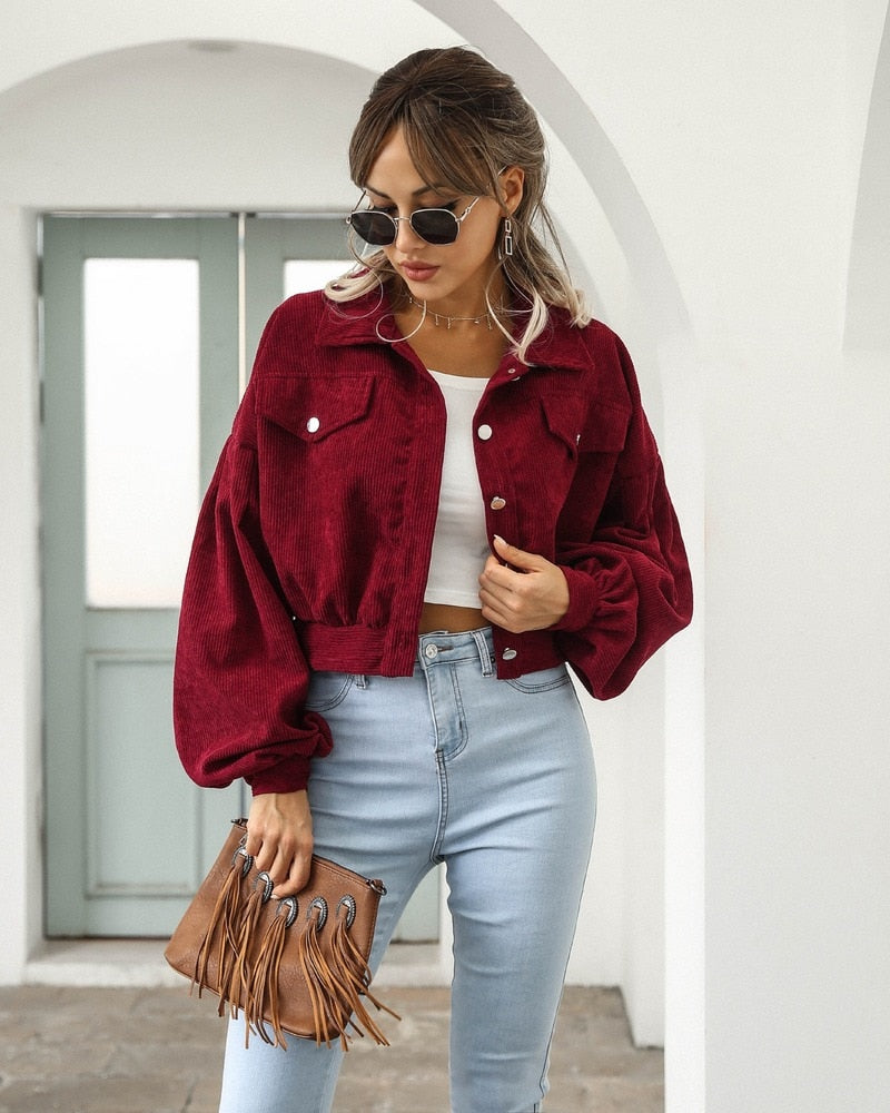 Street-wave Corduroy Cropped Jacket for Women - Vintage Inspired Modern Comfort with Puff Sleeves