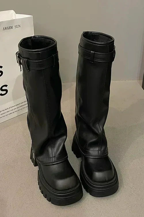 Street Wave Knee High Boots For Trendy Women With Sturdy Block Heel Durable Sole And Rolled Cuff Design