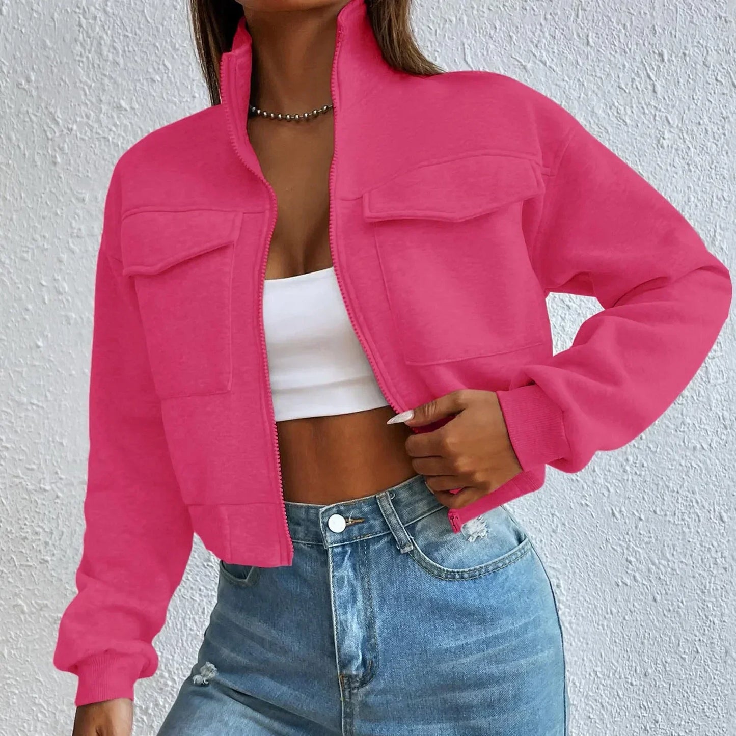 Street-Wave Zip Up Crop Top Jacket For Women With Cropped Fit And Utility Pockets Effortless Style