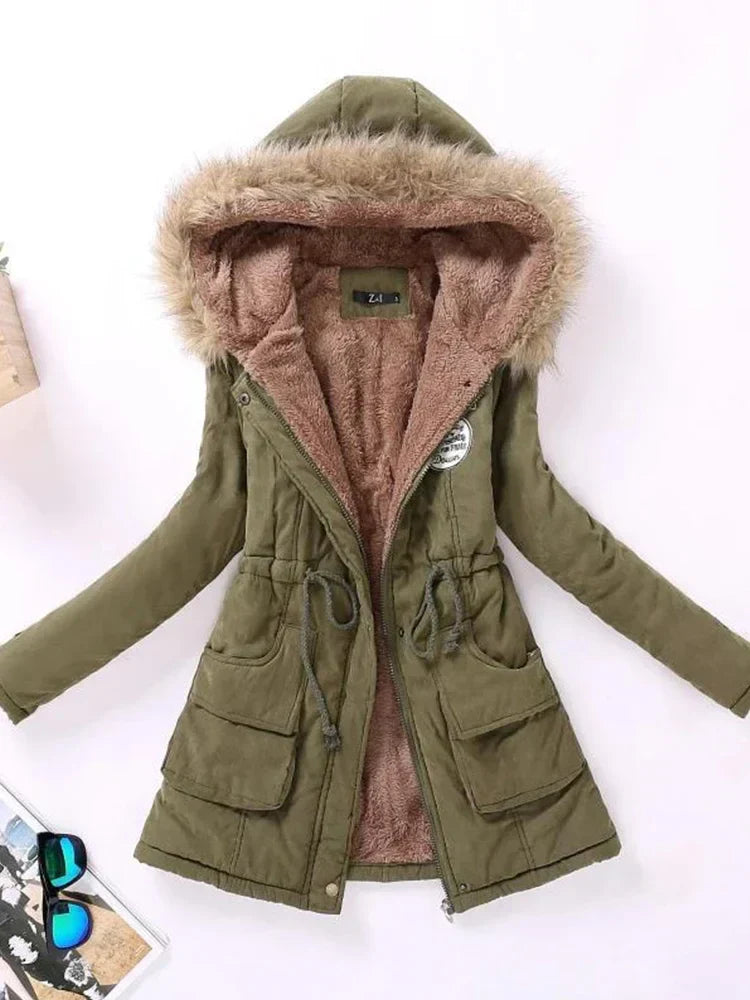 Street-wave Womens Fur Hooded Parka Jacket Cozy Warm Cotton Blend for Casual Outings