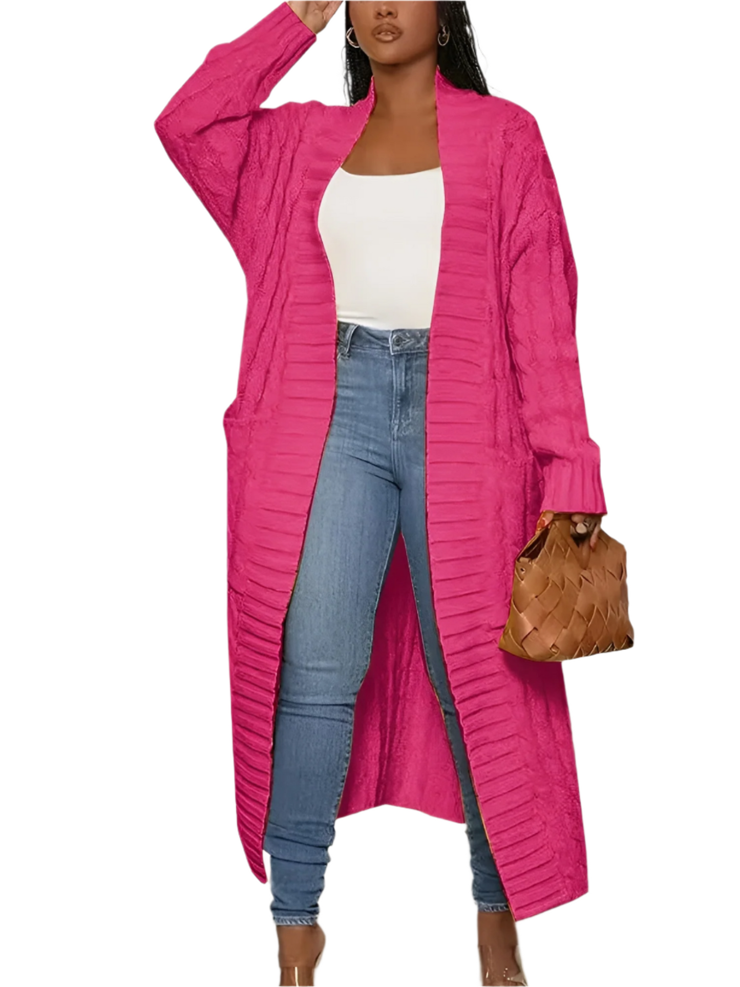Street-Wave Long Knit Cardigan For Women Open Front Draped Texture Pink Cozy Warmth