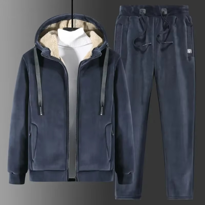Men's Cashmere Fleece Tracksuit Set Thick Hooded Jacket And Pants For Winter Warmth