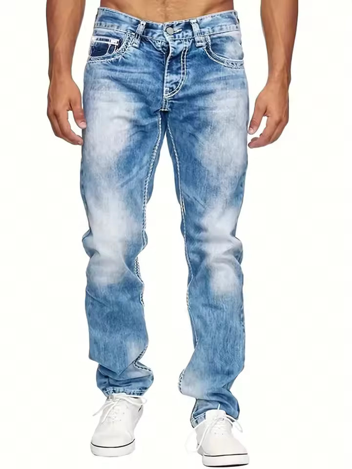 Street-Wave Men's Straight Leg Jeans In Black Denim With White Stitching