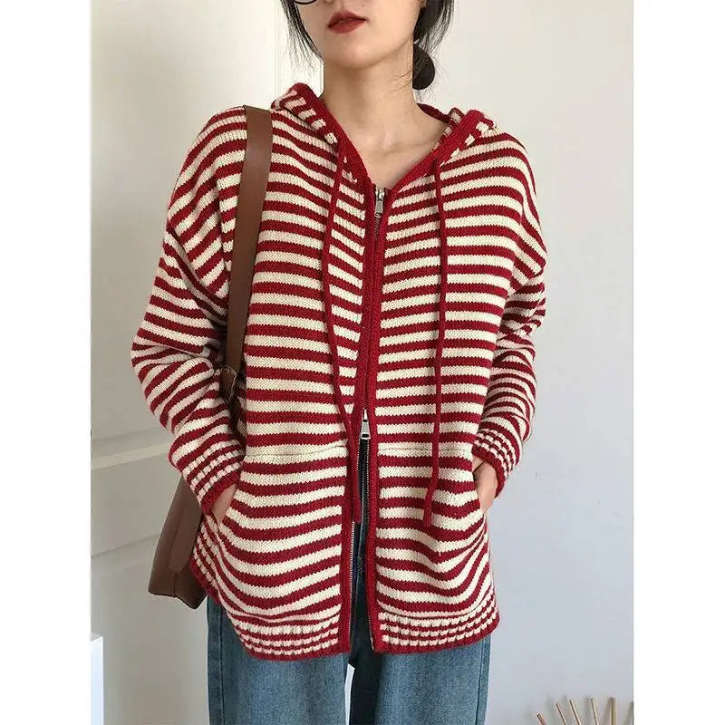 Street-wave Womens Striped Zip Hoodie Cozy 100 Percent Cotton Knit Breathable Everyday Warmth