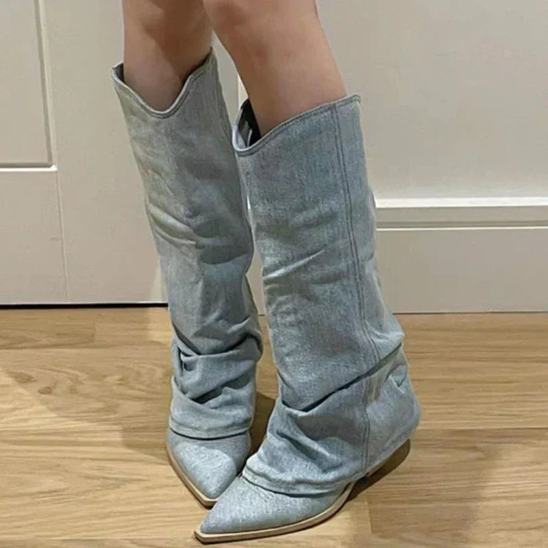 Street-Wave Knee-High Pointed Toe Cowboy Boots With Thick Heel For Women All Day Comfort Western Chic
