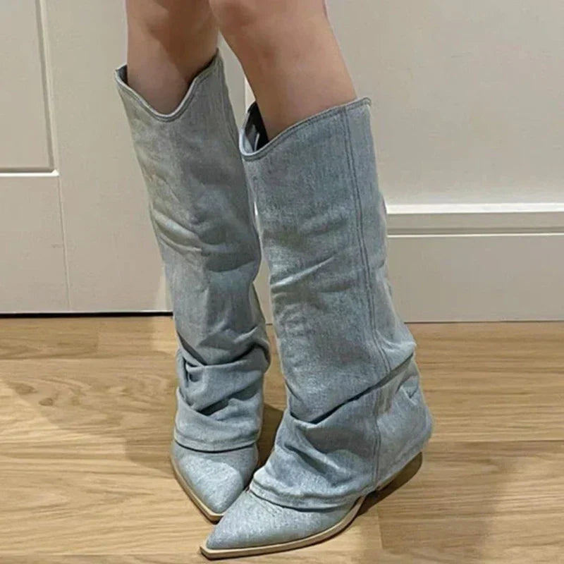 Street-wave Denim Knee-High Boots for Women, Slouchy Shaft, Pointed Toe, Low Heel, Chic Comfort