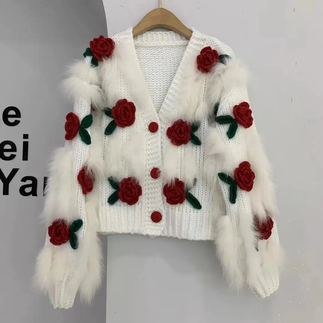 Street-Wave Moonlight Serenade Cardigan For Women With Floral Appliqué And Cozy Fur Trim