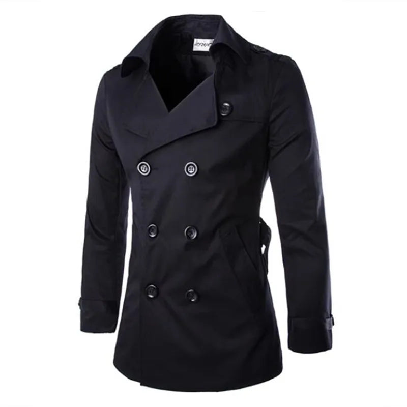 Mens Slim Fit Trench Coat Mid Length Double Breasted Street Wave