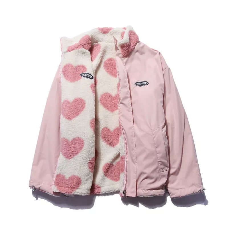 Street-Wave Reversible Heart Print Coat With Plush Fleece Lining For Trendsetting Teens
