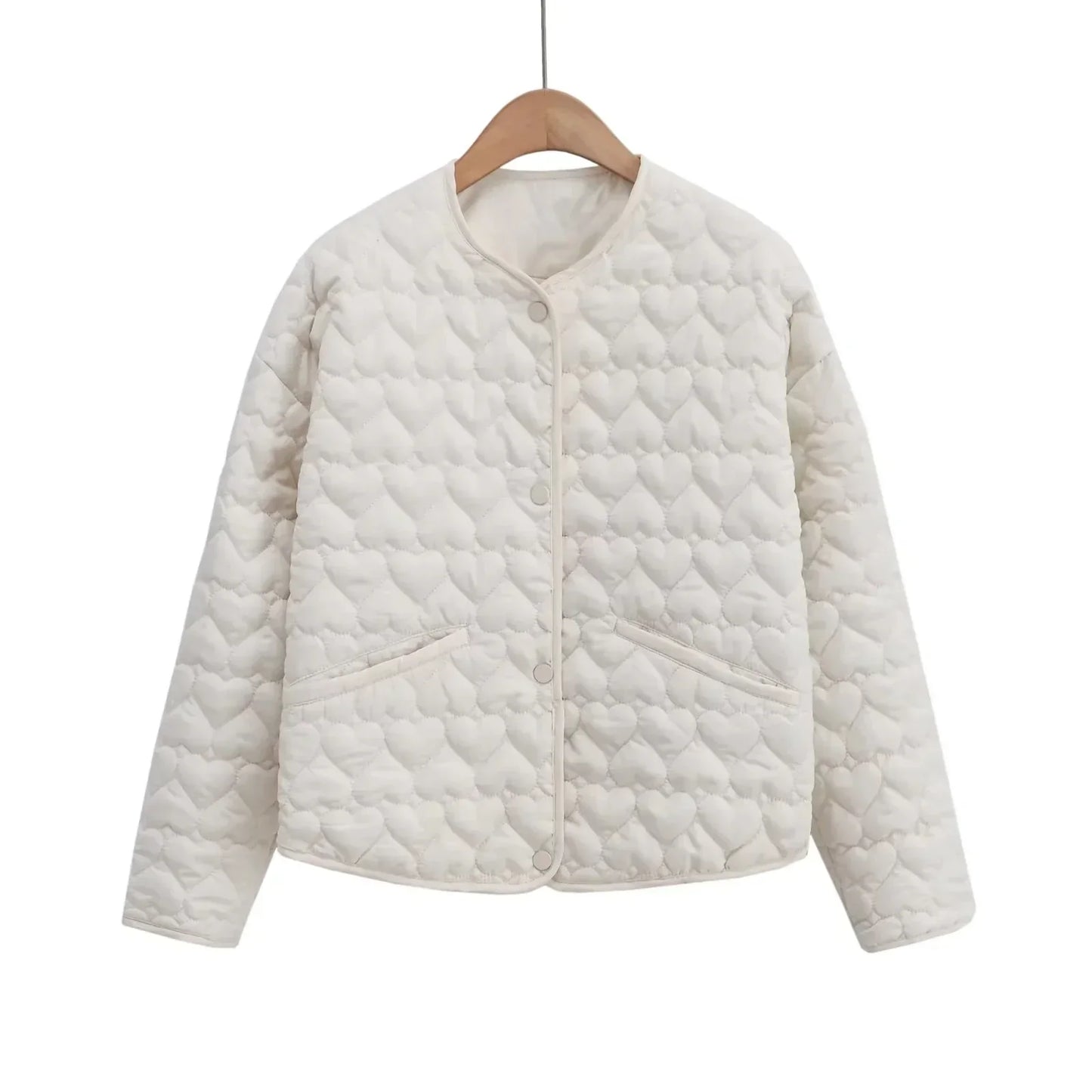 Street-wave Heart Quilted Jacket For Women Lightweight Puffer With Snap Buttons Cozy Modern Heart Pattern